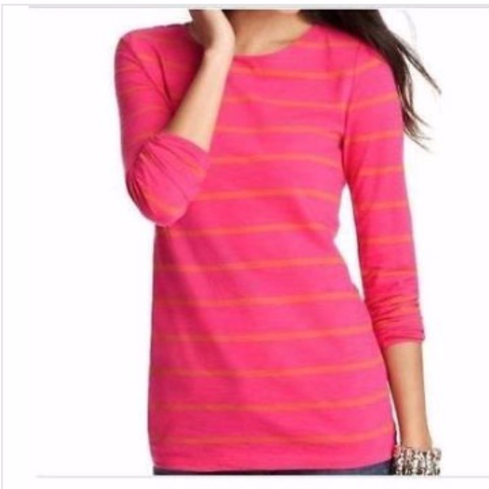 LOFT Stripe Zip Back Ballet Neck Top Tee Pink